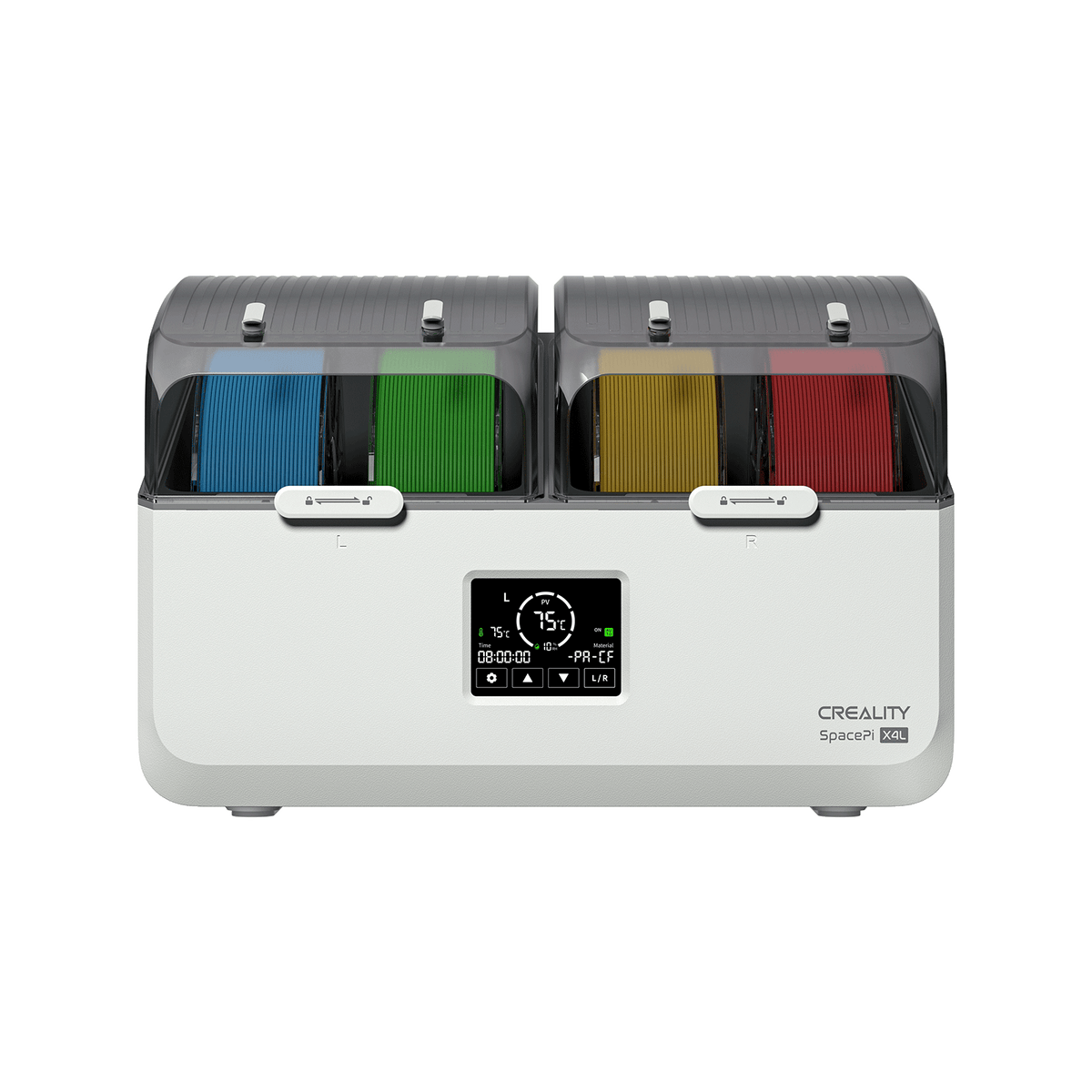 Creality SpacePi X4L dual independent heating chambers diagram showing separate temperature zones for different filament types