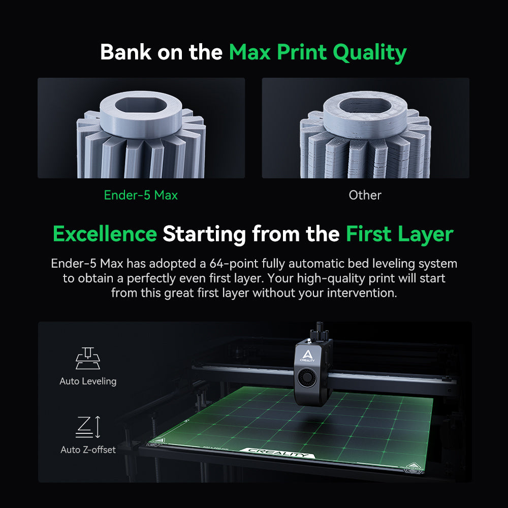 Creality Ender-5 Max side profile showing enclosed motion system and all-metal frame for ABS Nylon printing