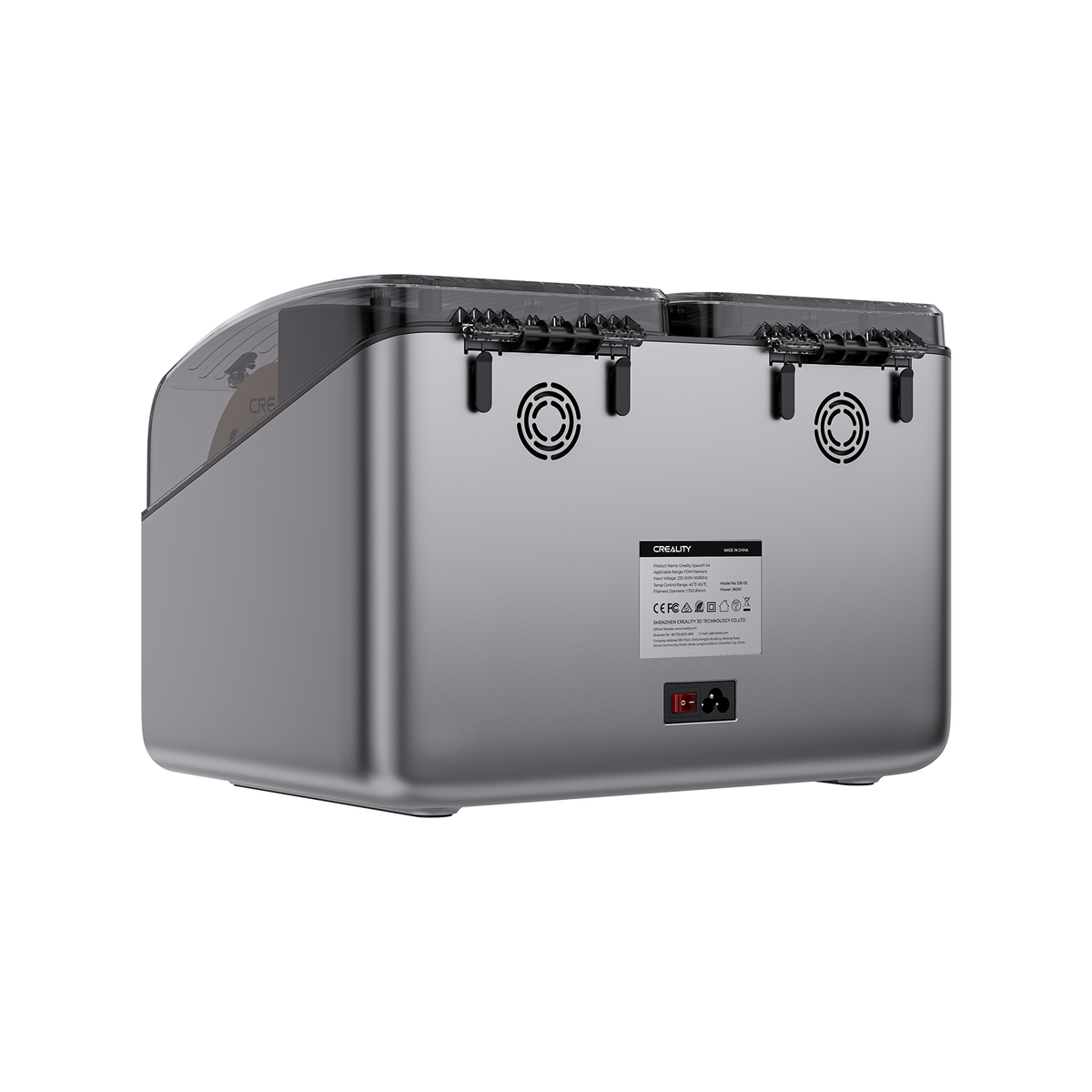 Creality SpacePi X4 specifications infographic – 4 spools 200W plus 200W PTC dual chambers 85C active dehumidification