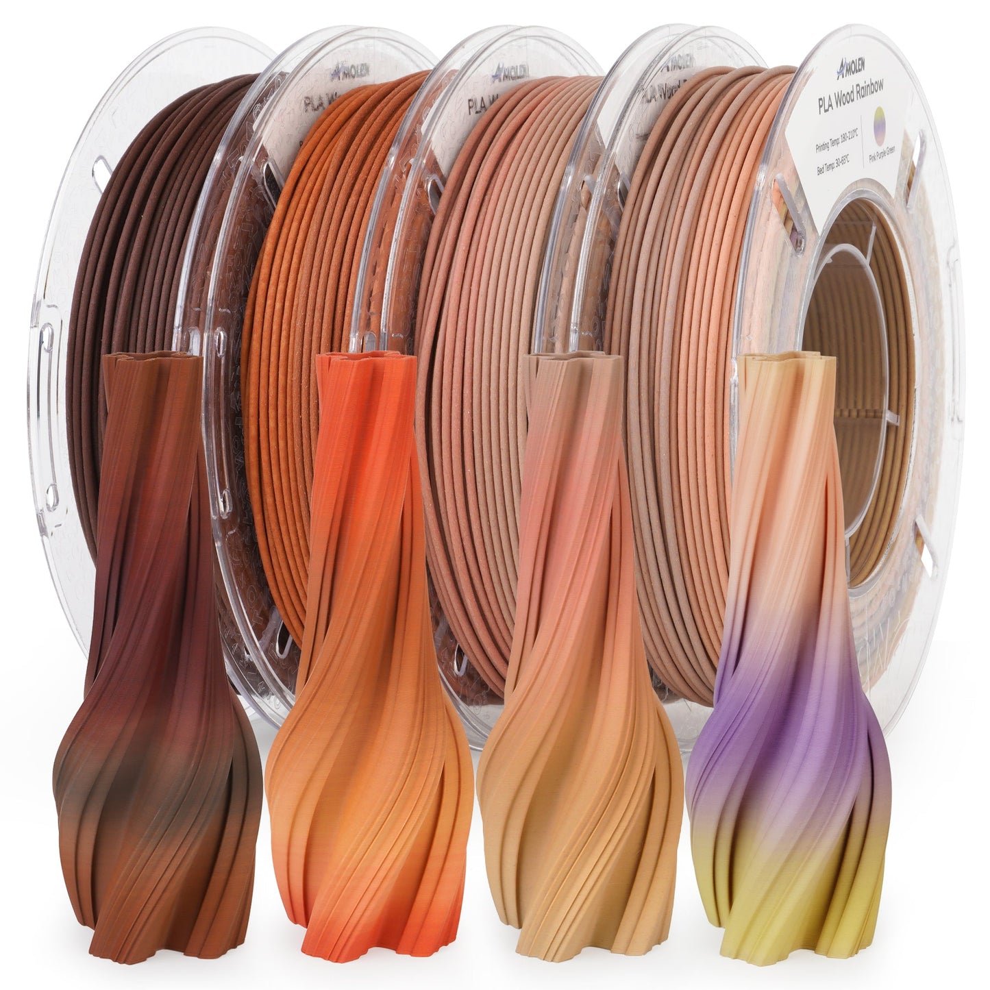 AMOLEN Wood PLA 200g spool overview — natural wood grain filament, vacuum-sealed packaging