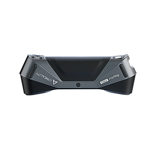 Creality Raptor Pro scanner head detail showing 22 cross laser lines and 7 parallel laser lines for comprehensive surface capture