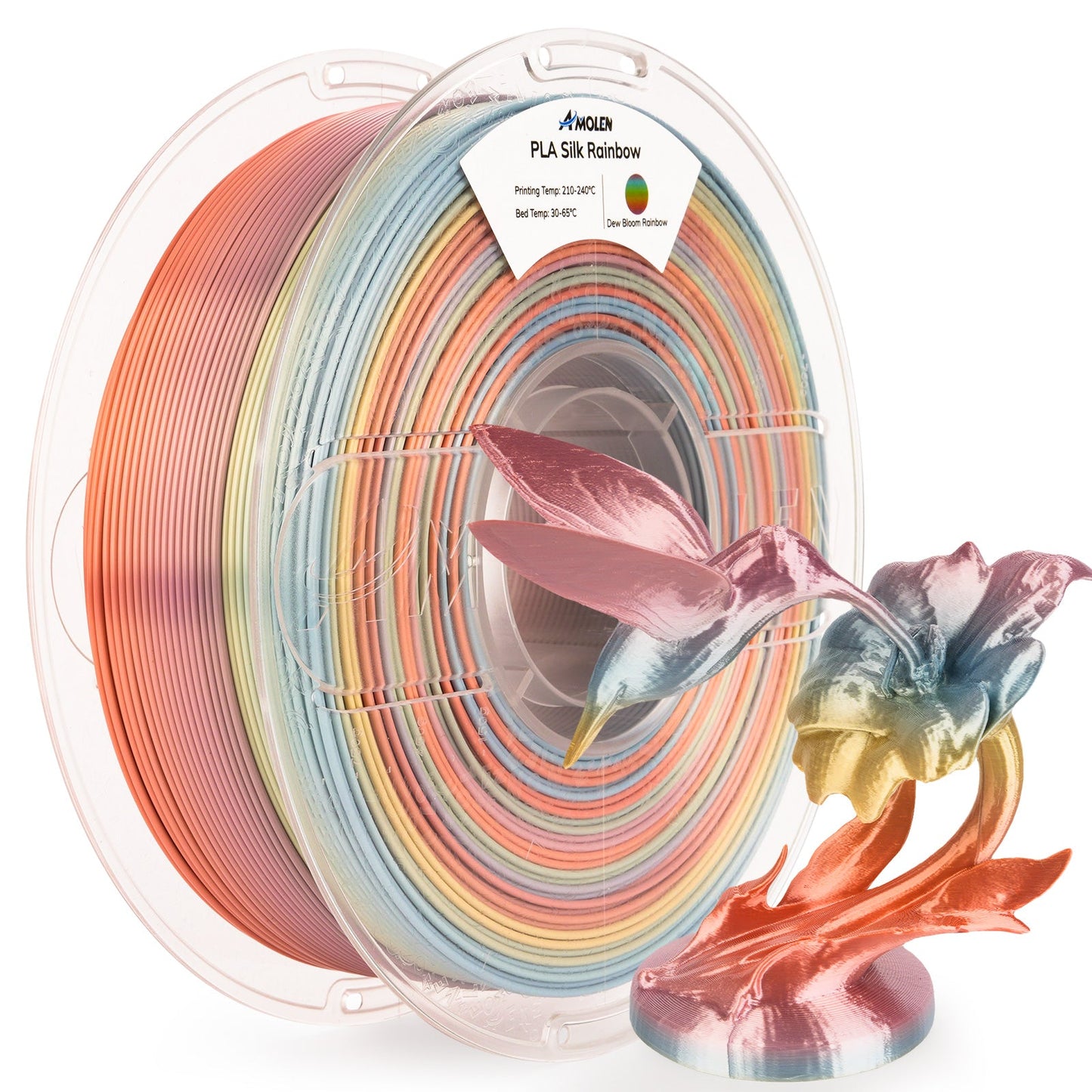 AMOLEN Silk Rainbow PLA filament spool — clean product shot showing gradient color winding