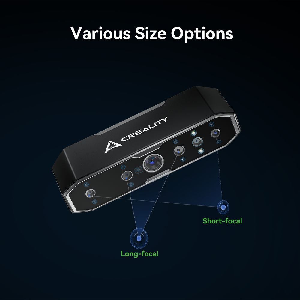 Creality CR-Scan Otter scanning small precision part showing 10mm minimum scan size and 0.02mm volumetric accuracy