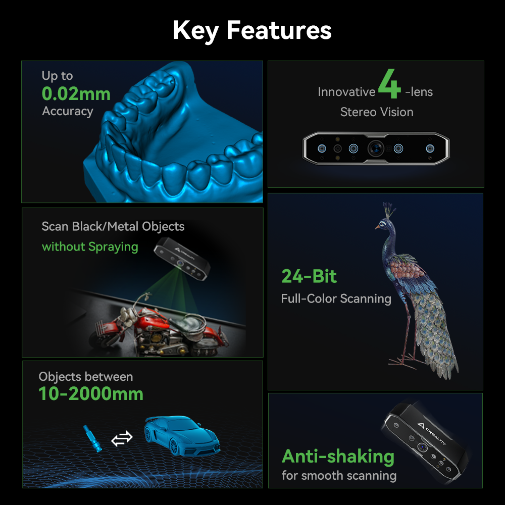 Creality CR-Scan Otter 4-lens stereo vision system detail showing advanced lens array for accurate marker-free 3D scanning