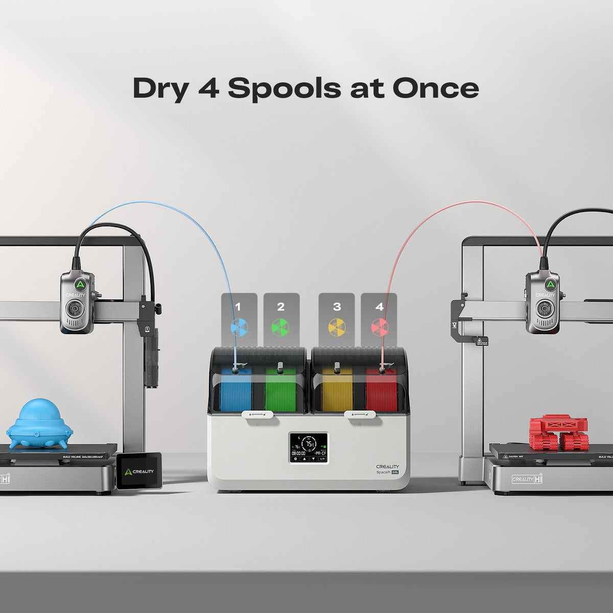 Creality SpacePi X4L front view showing spool slots PTFE tube outlets and control panel for filament drying system