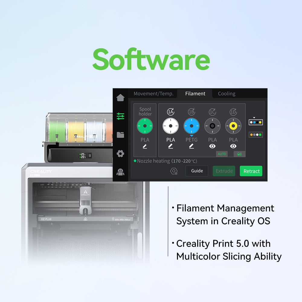 Creality K2 Plus compatible filament types – PLA PETG ABS ASA PPA-CF and engineering materials with heated chamber