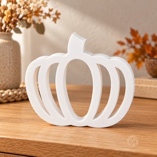 One ivory white minimalist 3D-printed pumpkin with an open-frame design, styled on a wood console with warm fall decor.