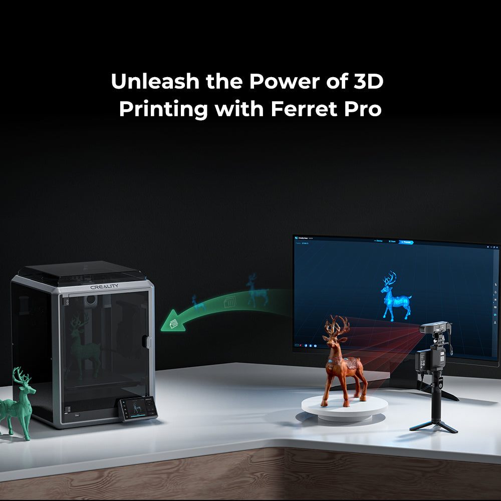 Creality Ferret Pro specifications infographic – Wi-Fi 6 0.1mm accuracy 24-bit color anti-shake Mac Windows iOS Android