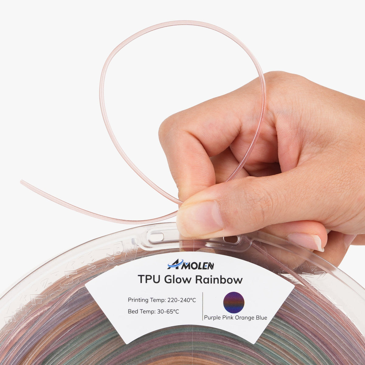 AMOLEN Glow TPU flexible filament 1.75mm technical specification infographic showing print settings