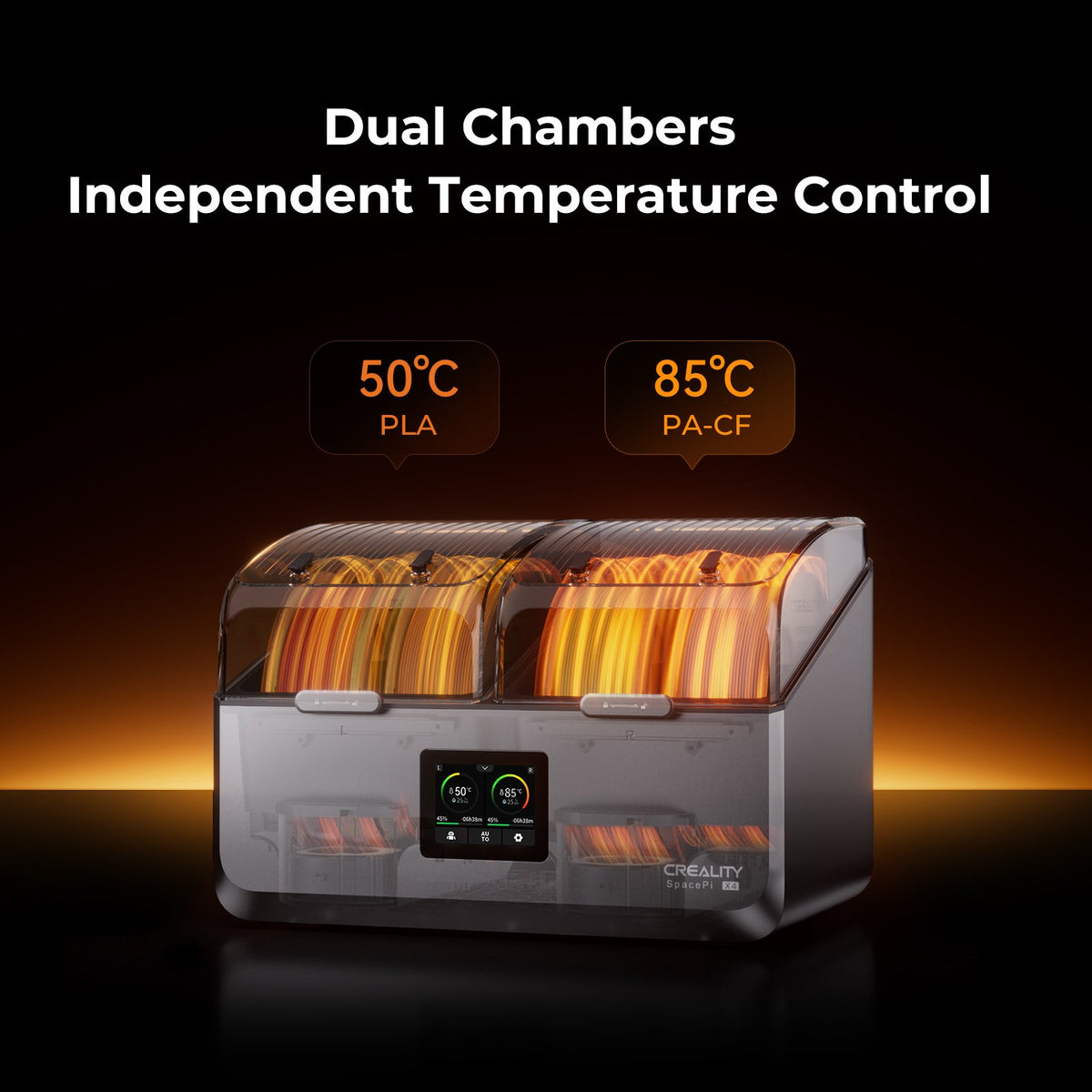 Creality SpacePi X4 temperature control settings showing up to 85 degrees Celsius for high-temperature engineering filaments