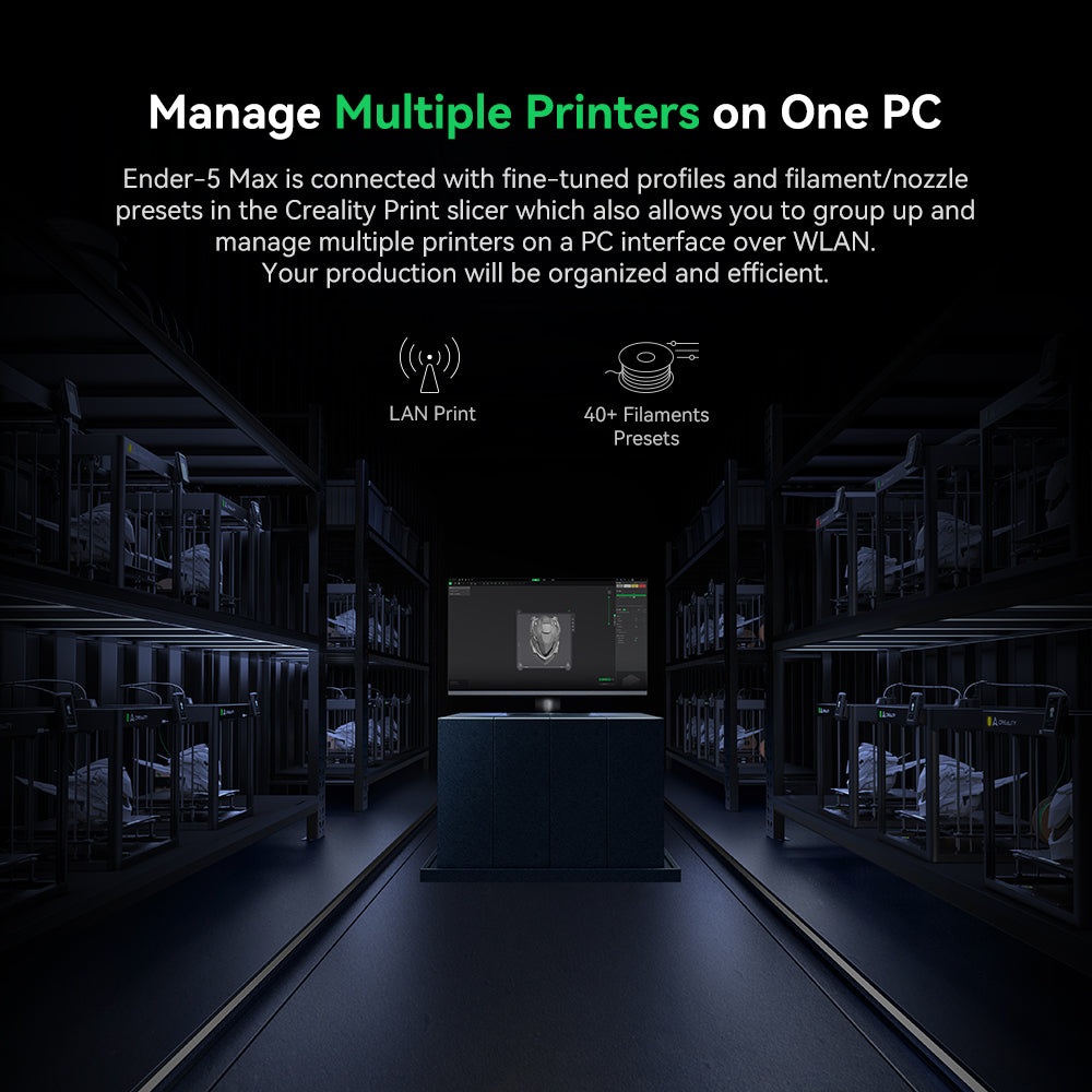 Creality Ender-5 Max touchscreen interface and WLAN connectivity panel for remote print farm management