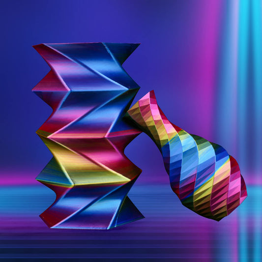 Gold Fuchsia Blue 1KG triple color silk PLA spool — detail showing gold, fuchsia, and blue in rotation