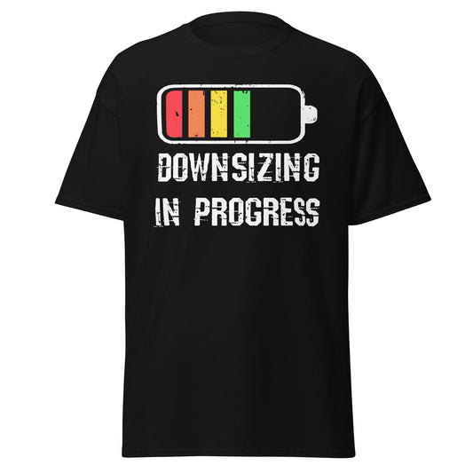 Downsizing in Progress T-shirt with battery graphic on black Gildan 5000 tee by VectorDesignsArizona.