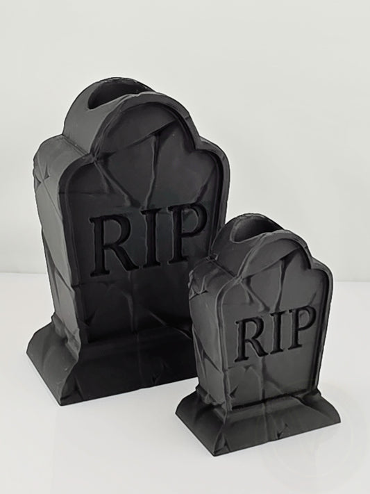 Small and large gravestone vases side by side, 3D printed gothic tombstone decor