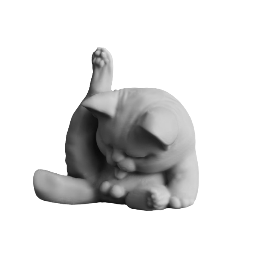 Close view of marble 3D printed cat figurine by VectorDesignsArizona for quirky shelf decor.