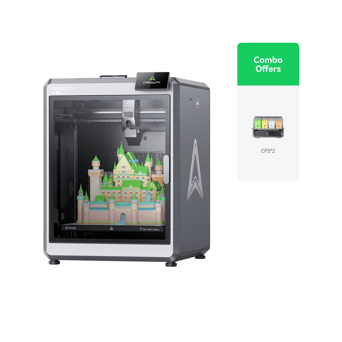 Creality K2 Plus 1600x1600 product image showing full printer assembly on clean white background