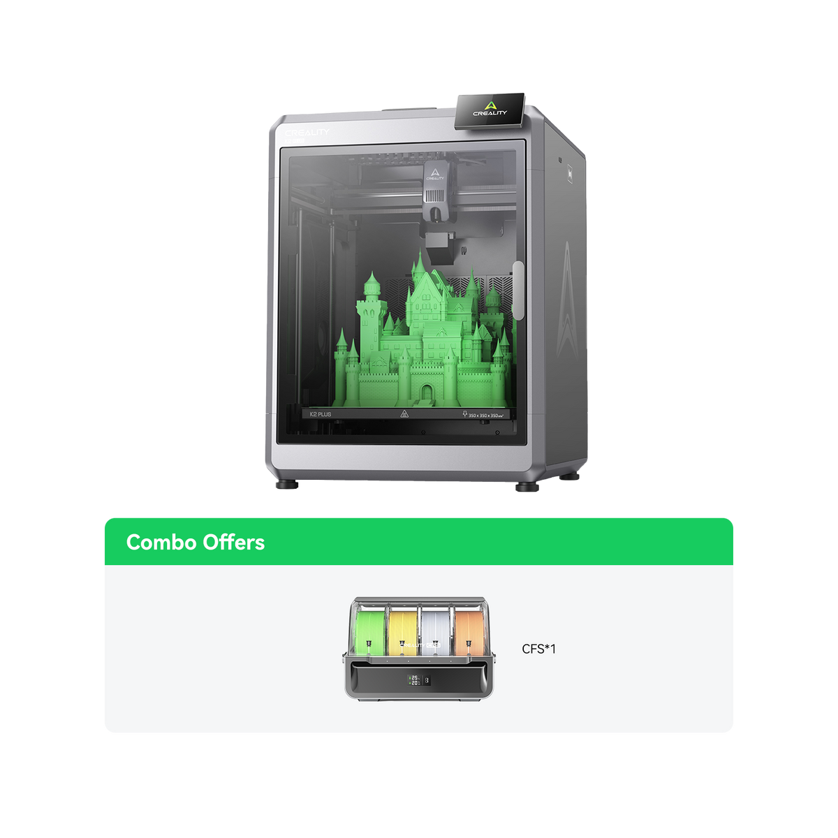 Creality K2 Plus alternate hero angle showing premium enclosed 3D printer design for studios and print farms