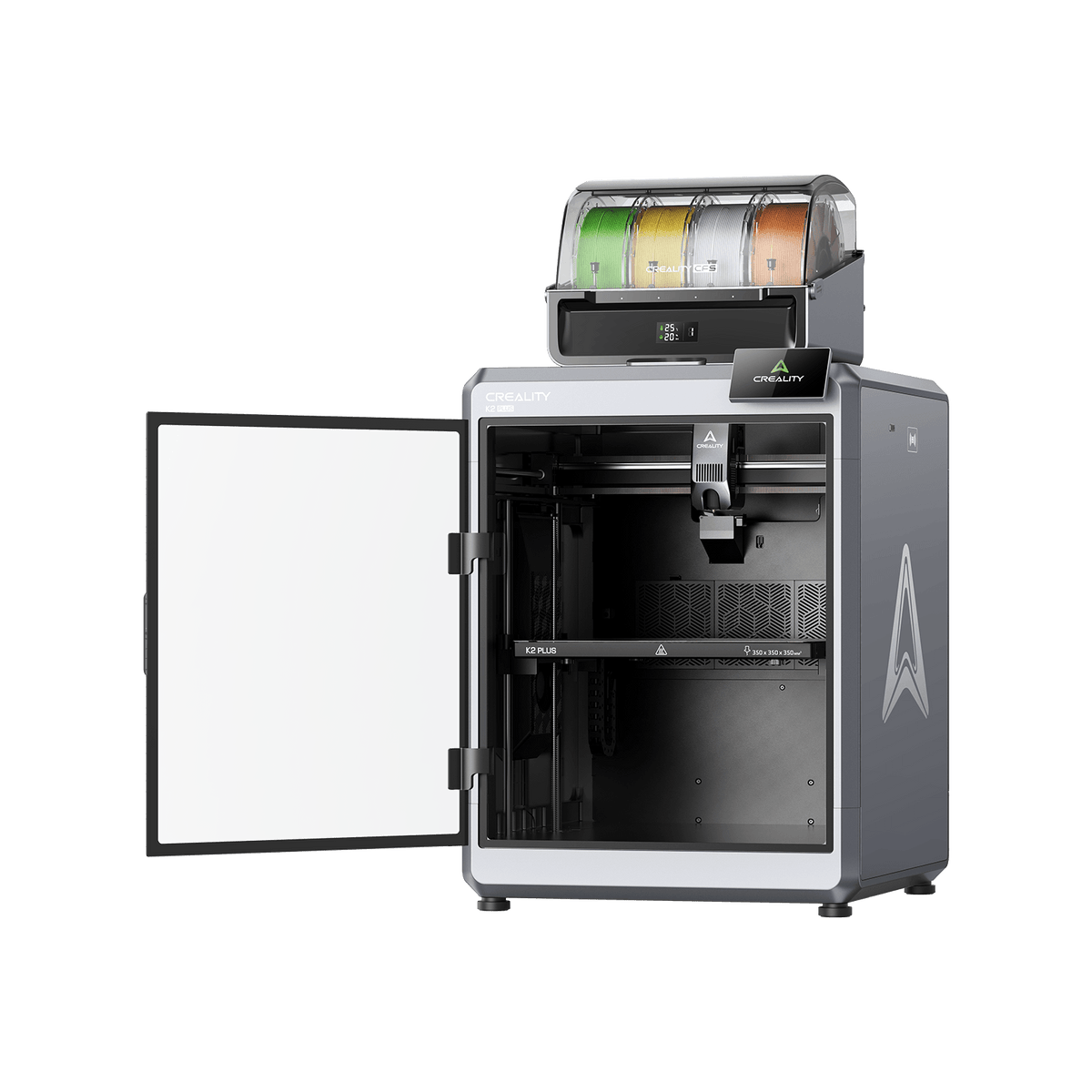 Creality K2 Plus 45-degree side profile showing printer depth and CFS port locations for future expansion