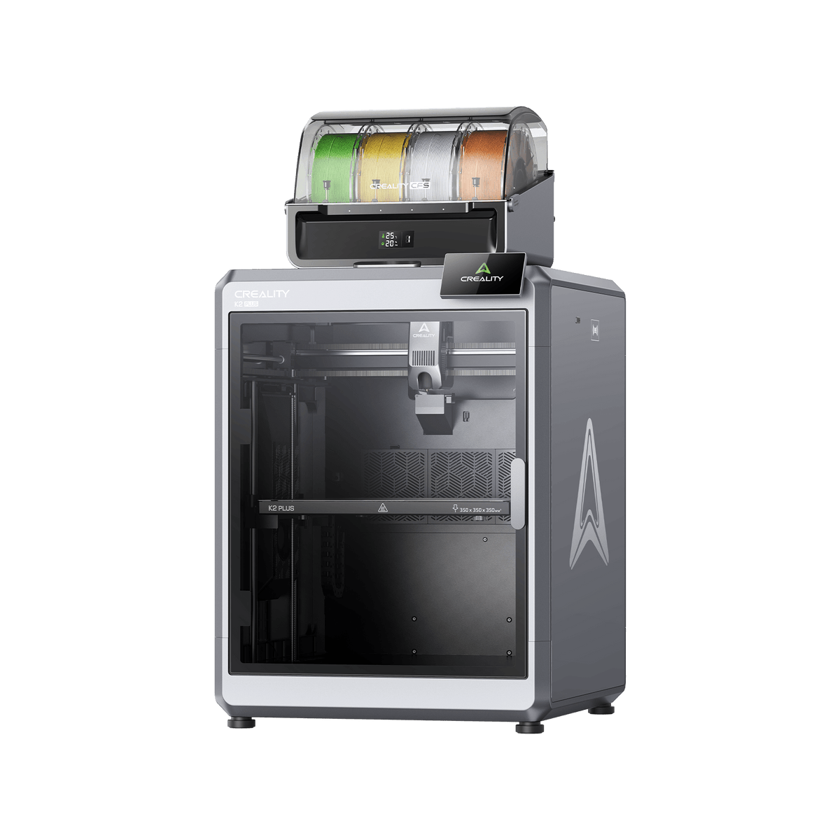 Creality K2 Plus 45-degree angle view showing enclosed chamber door build plate and motion system layout