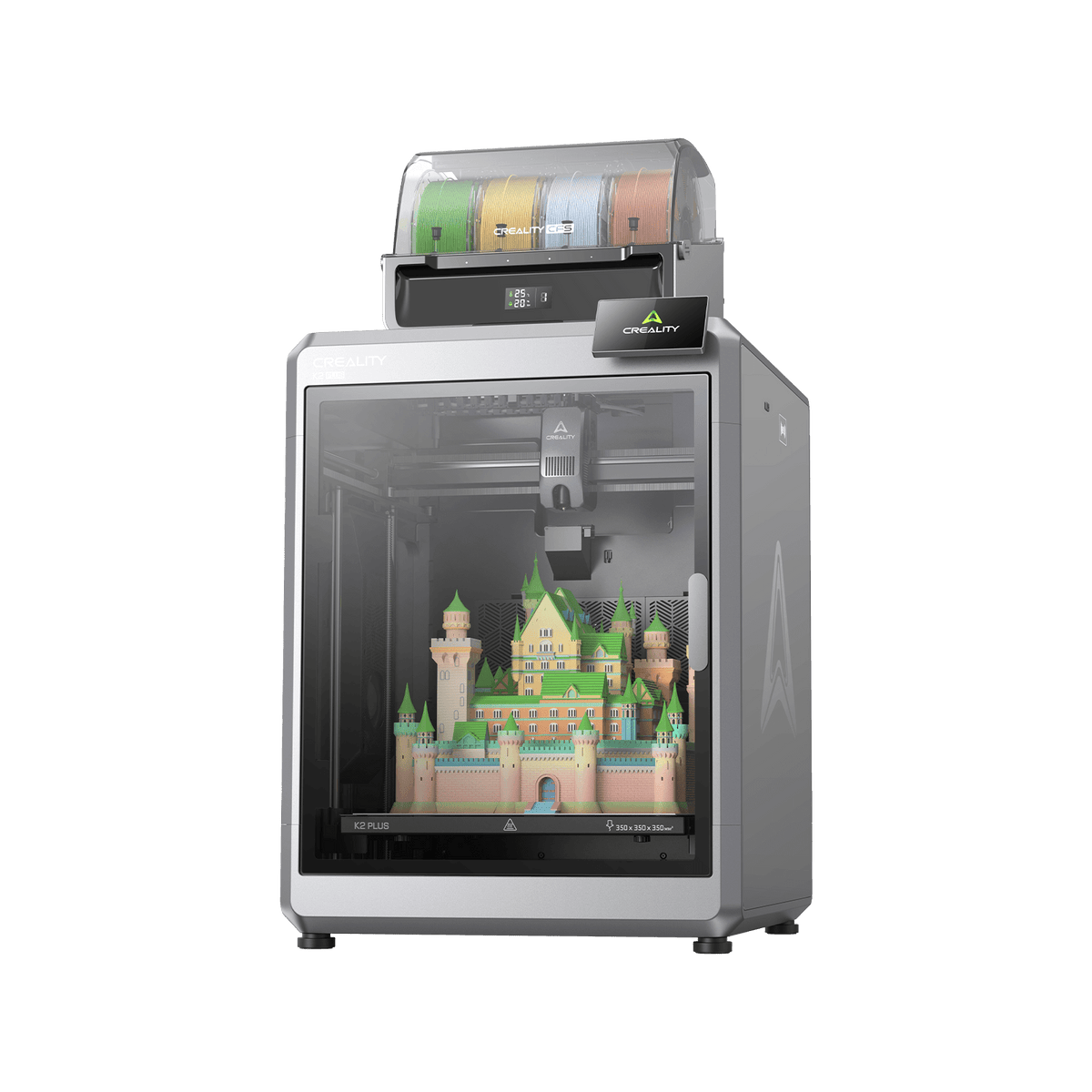 Creality K2 Plus front studio view showing full enclosed printer frame and touchscreen control panel