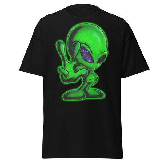 Peace Alien T-shirt with retro green alien flashing peace sign on black unisex tee by VectorDesignsArizona.
