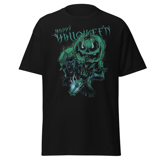 Spooky Halloween skeleton graphic T-shirt with “Happy Halloween” text on black tee by VectorDesignsArizona.