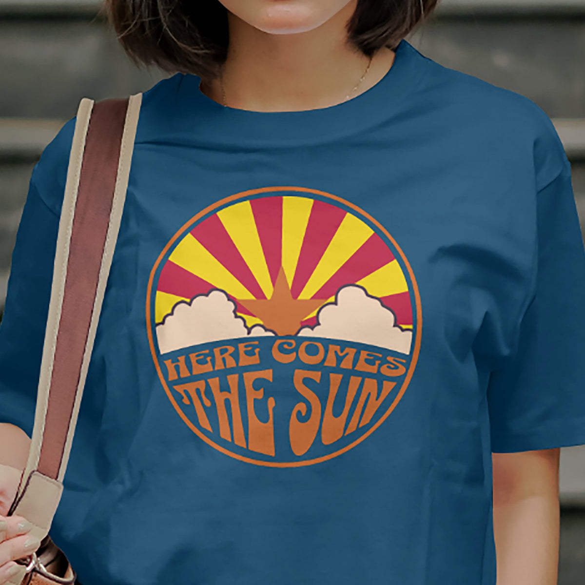 Arizona State Flag T-shirt with retro groovy graphic on blue Gildan 5000 unisex tee by VectorDesignsArizona