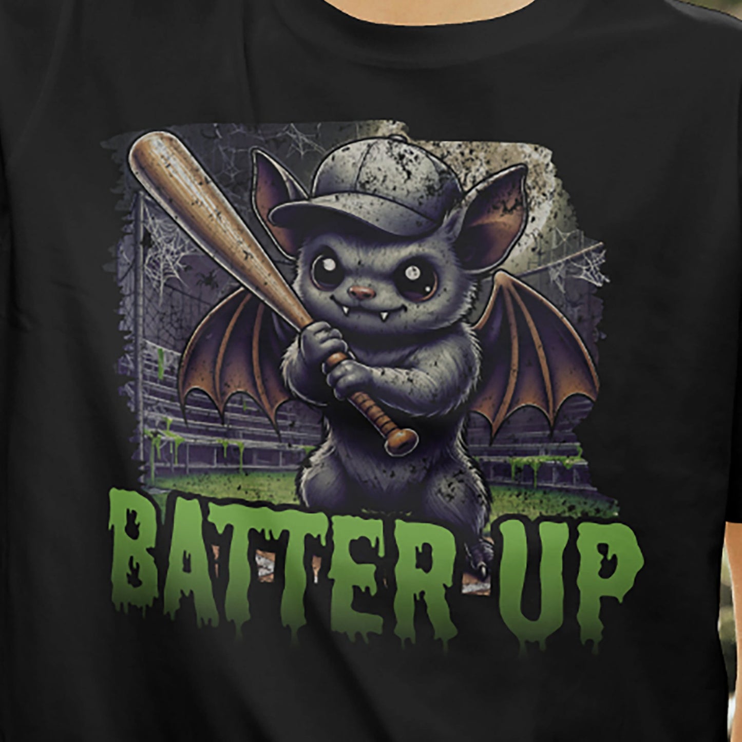 Batter Up Bat Halloween T-shirt with spooky baseball bat graphic on black Gildan 5000 tee by VectorDesignsArizona