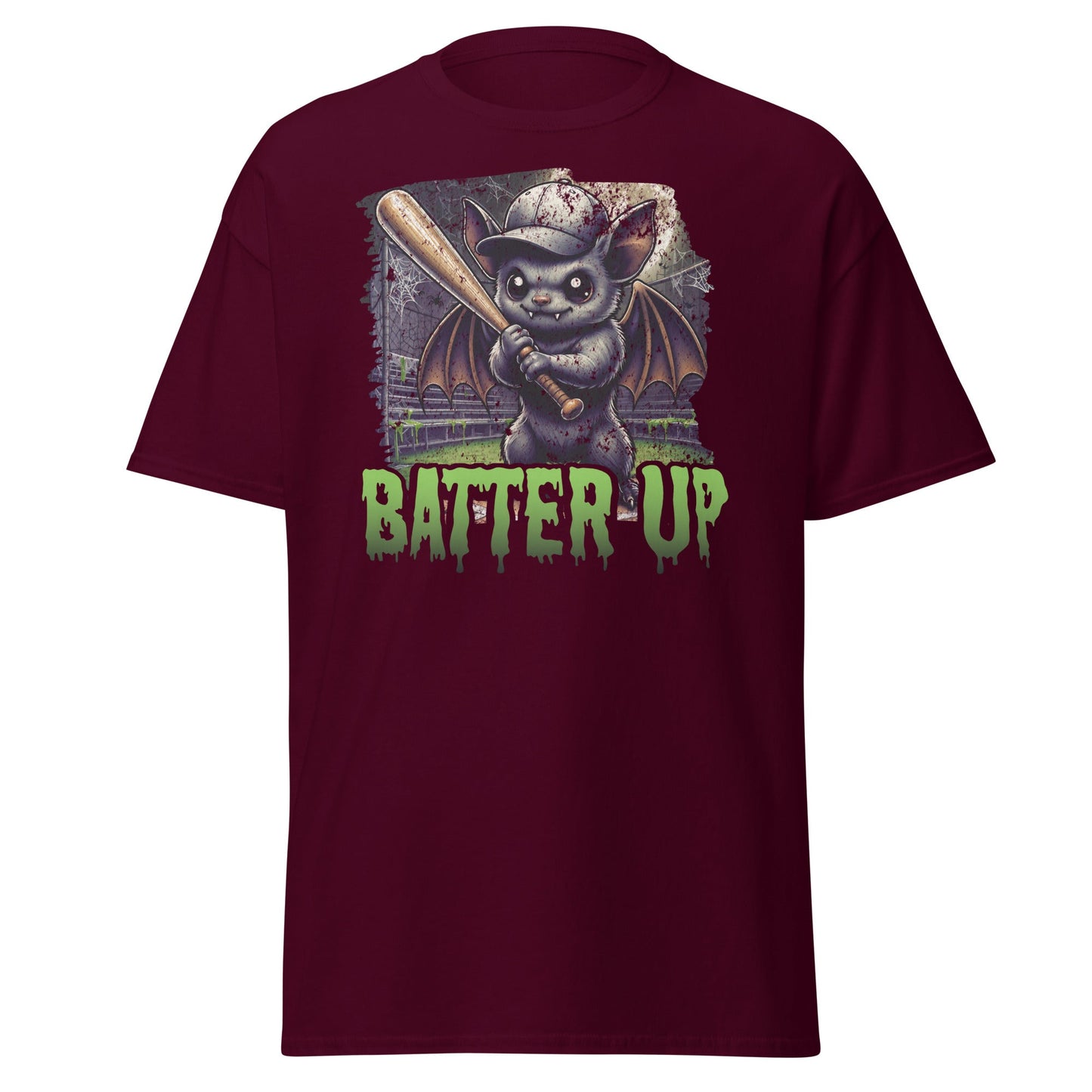 Funny baseball bat Halloween T-shirt on maroon Gildan 5000 by VectorDesignsArizona