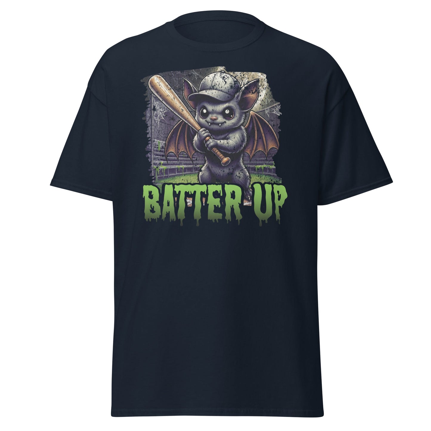 Baseball bat Halloween costume graphic T-shirt in navy cotton shirt by VectorDesignsArizona