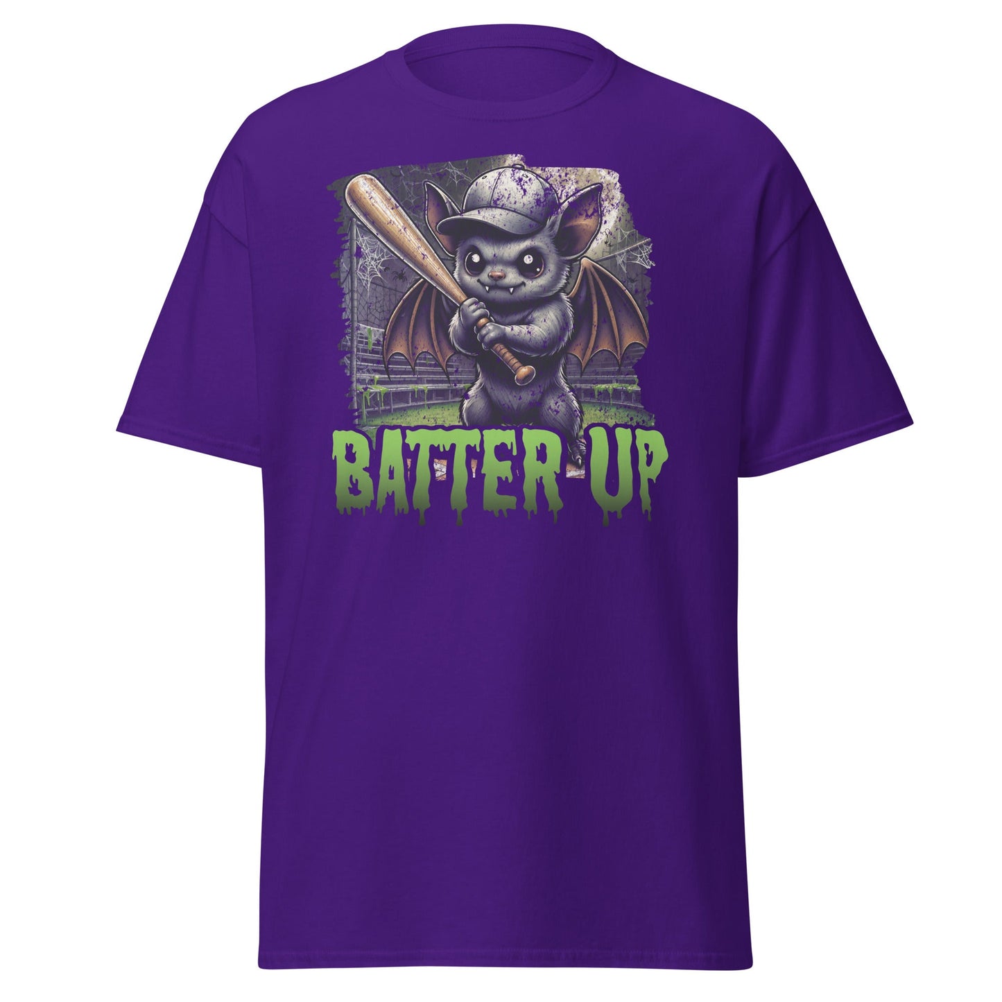 Batter Up bat Halloween tee in purple unisex cotton shirt by VectorDesignsArizona