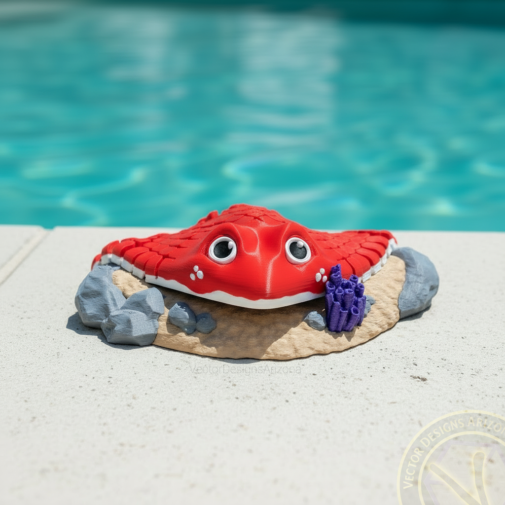 Bright red 3D printed articulated stingray toy sitting on a sand display base by a swimming pool.