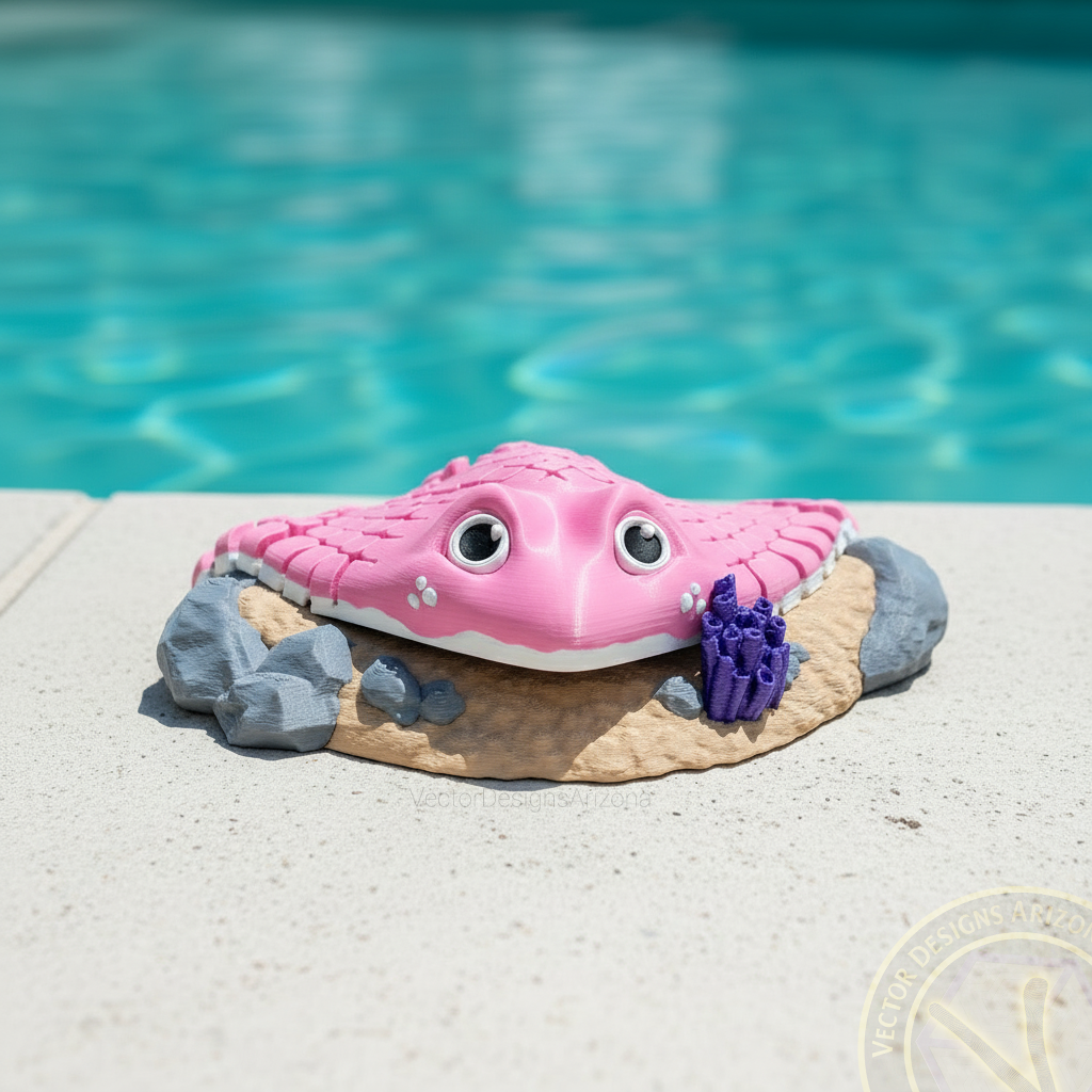 Bubblegum pink 3D printed stingray toy looking cute on a sand display base by the pool.