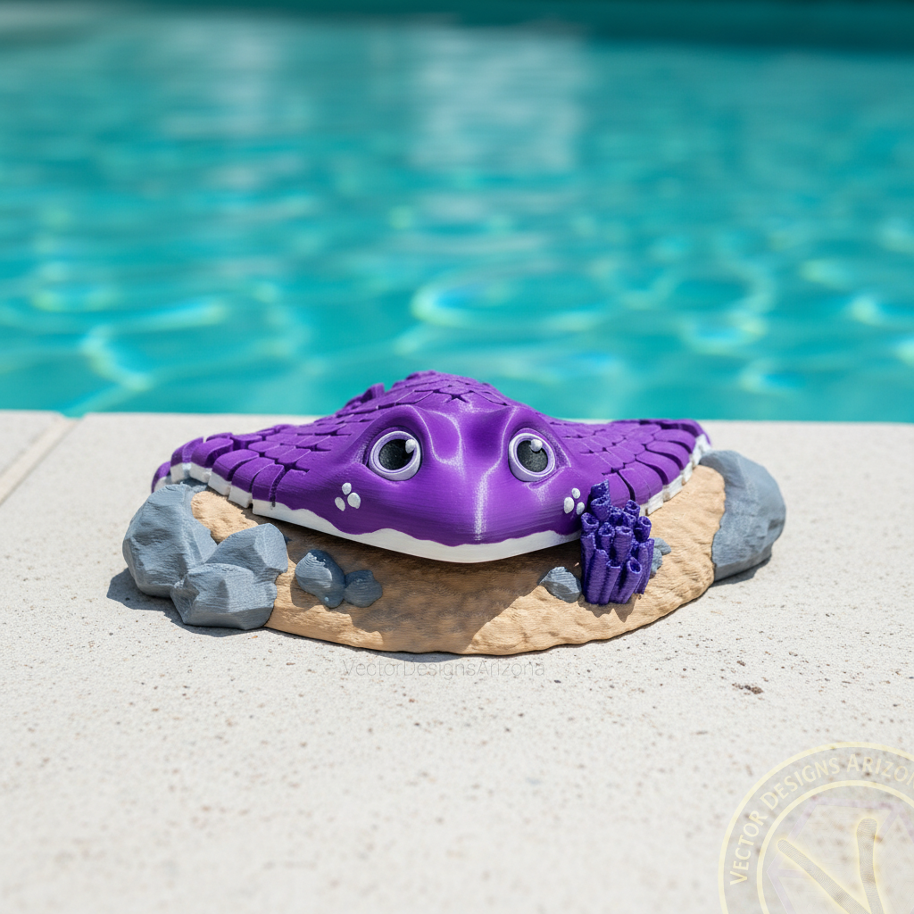 Deep violet purple 3D printed stingray sitting on a sand and coral display base by a pool.