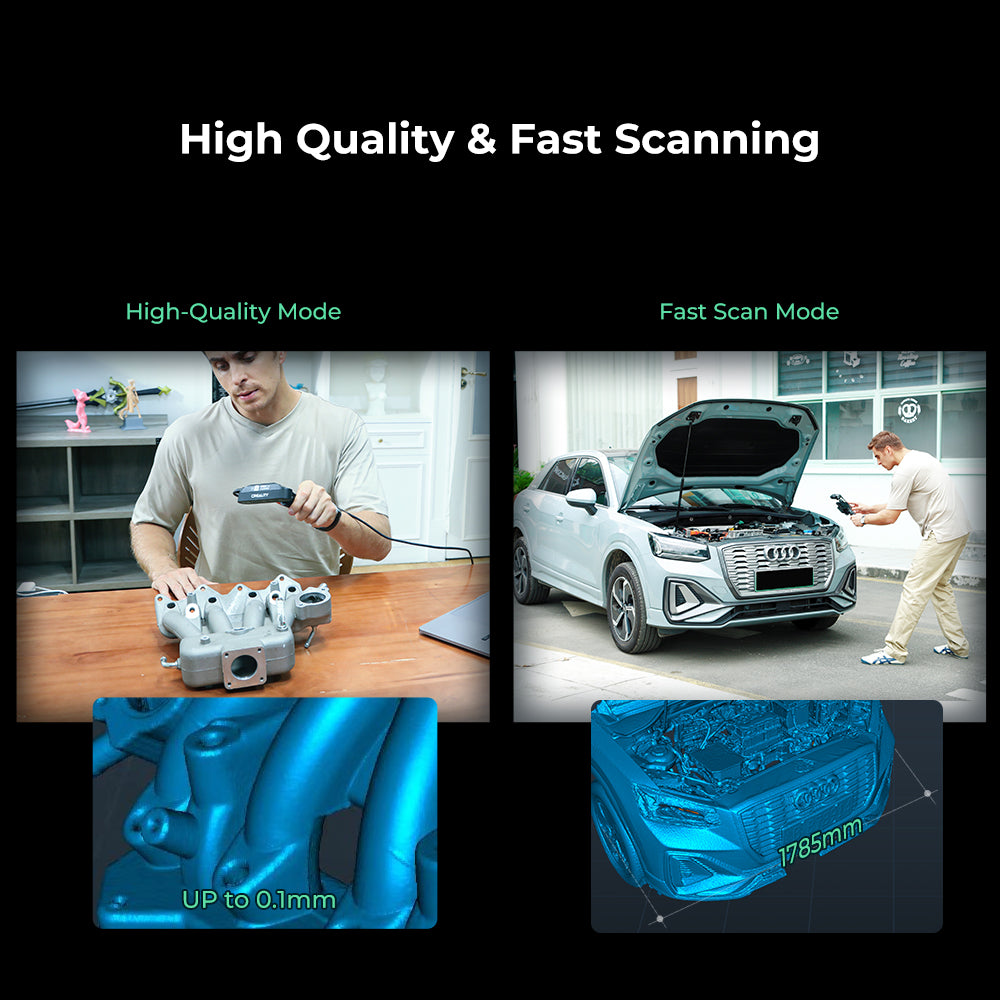 Creality Ferret Pro scanning black or metallic surface without spray showing multi-surface capability