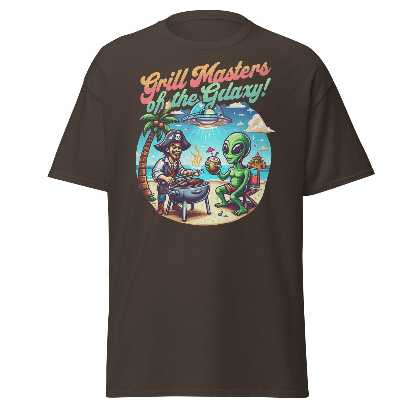 Grill Masters Galaxy T-shirt with funny BBQ graphic design on brown Gildan 5000 tee by VectorDesignsArizona