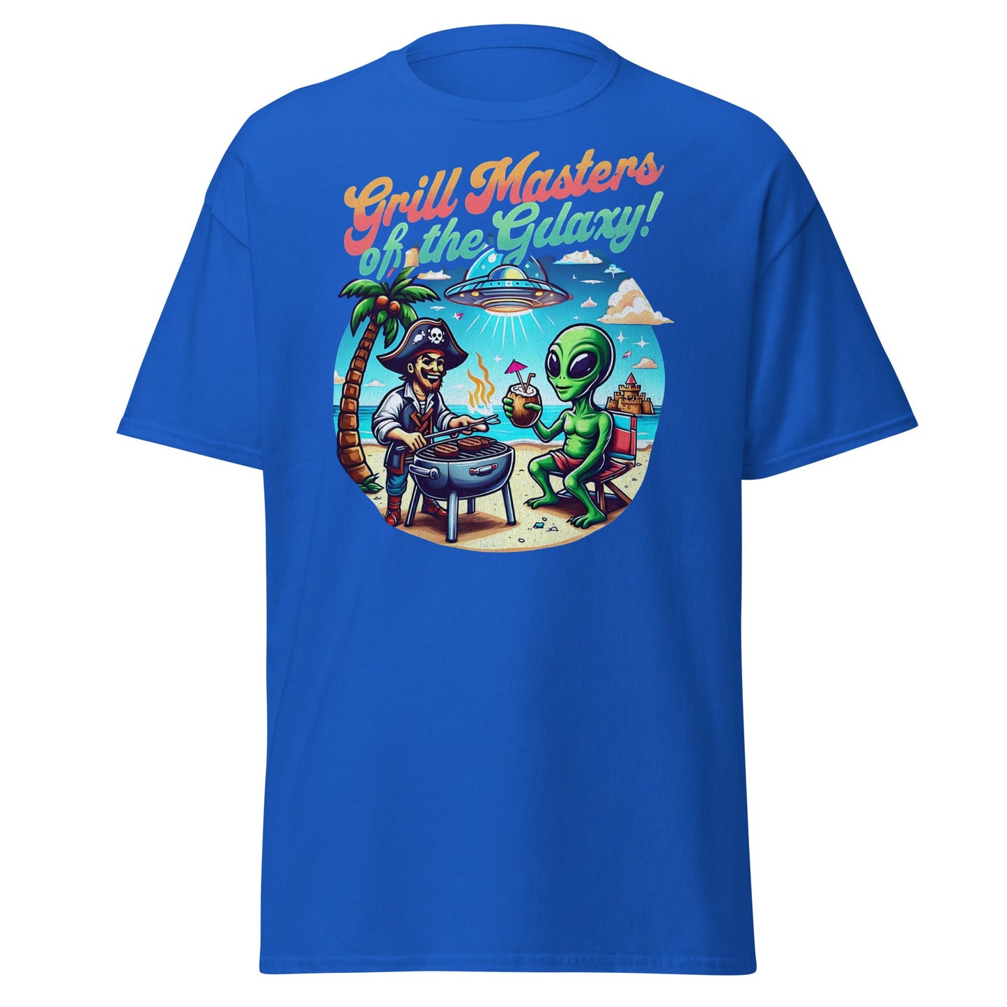 Funny BBQ galaxy graphic tee in royal blue unisex shirt by VectorDesignsArizona
