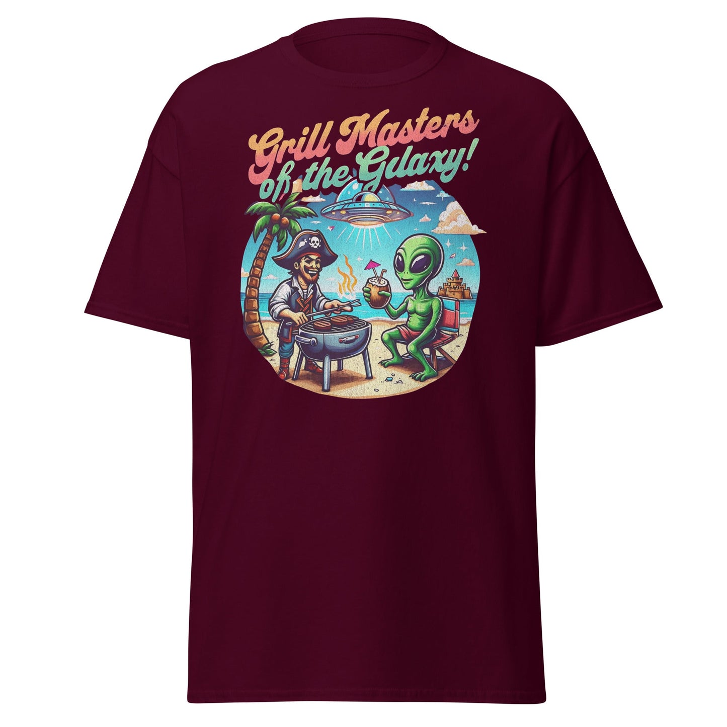 Funny barbecue galaxy graphic tee in maroon unisex Gildan 5000 shirt by VectorDesignsArizona