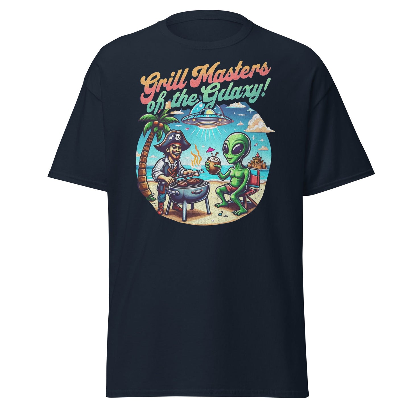 Backyard barbecue funny galaxy graphic shirt in navy Gildan 5000 tee by VectorDesignsArizona