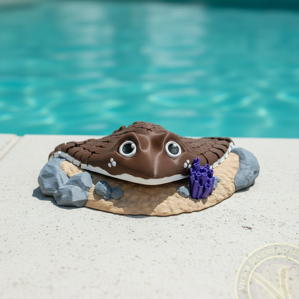 Realistic brown 3D printed articulated stingray toy on a sand display base, photographed poolside by Vector Designs Arizona.