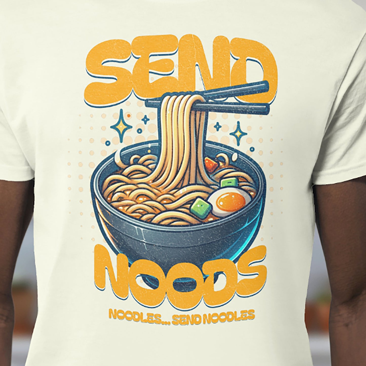 Send Noods ramen pun T-shirt with funny noodle bowl graphic on cream Gildan 5000 tee by VectorDesignsArizona