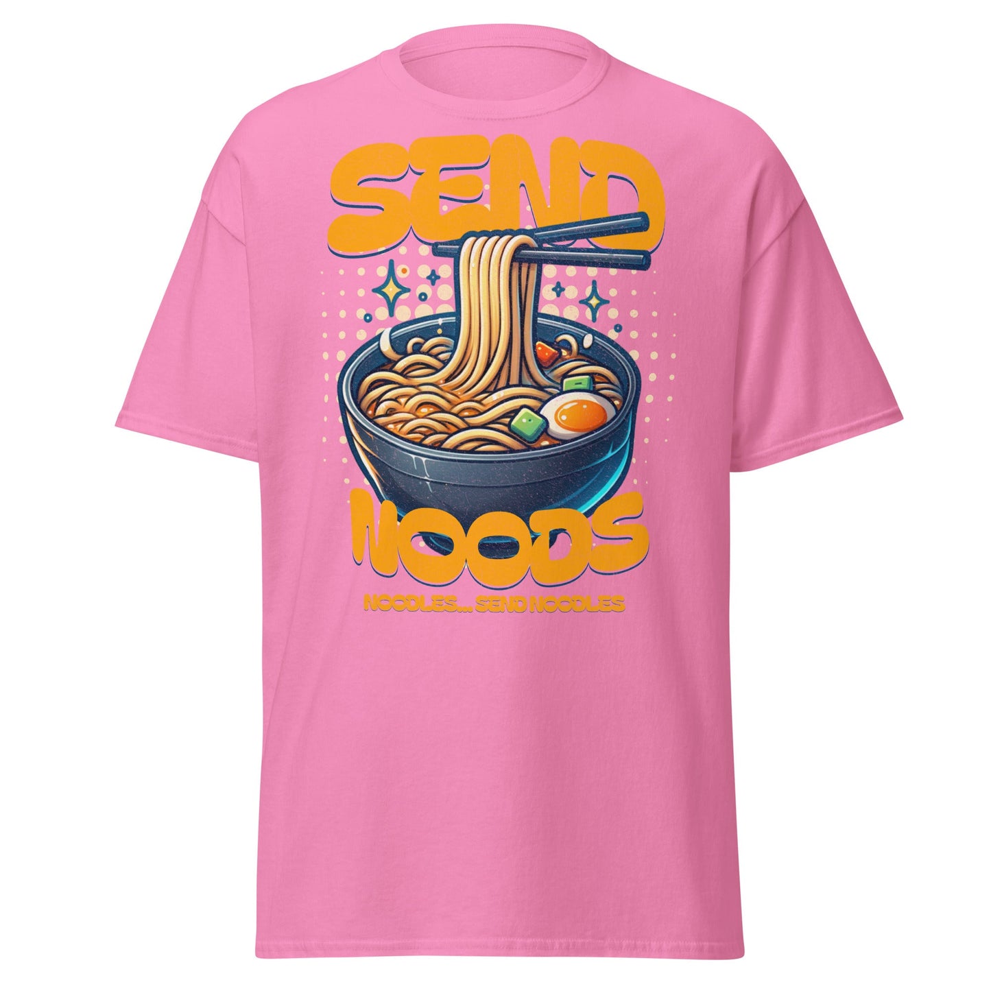Pink ramen pun graphic tee with “Send Noods” text design by VectorDesignsArizona