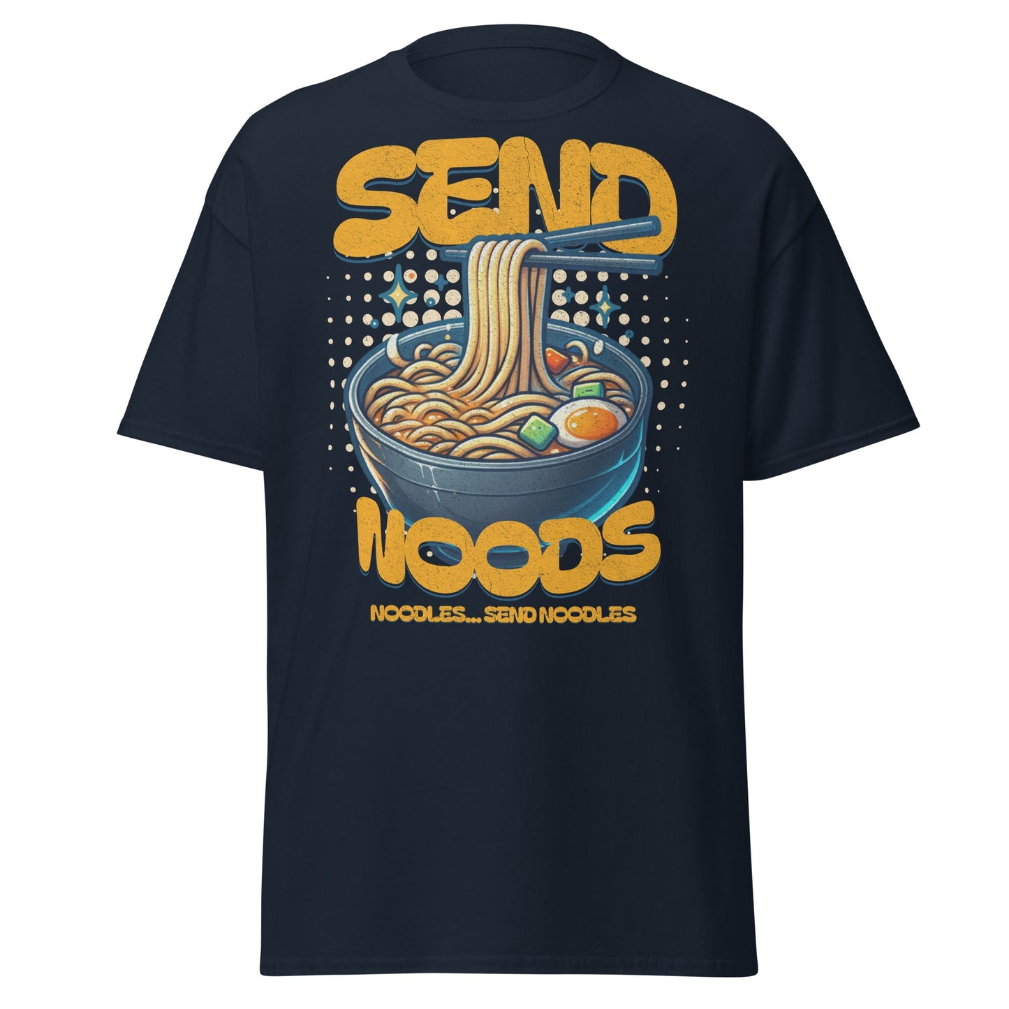 Send Noods noodle pun T-shirt on navy unisex tee by VectorDesignsArizona