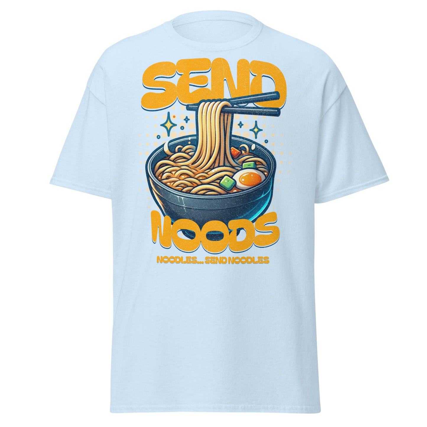 Send Noods ramen humor T-shirt on light blue unisex cotton tee by VectorDesignsArizona