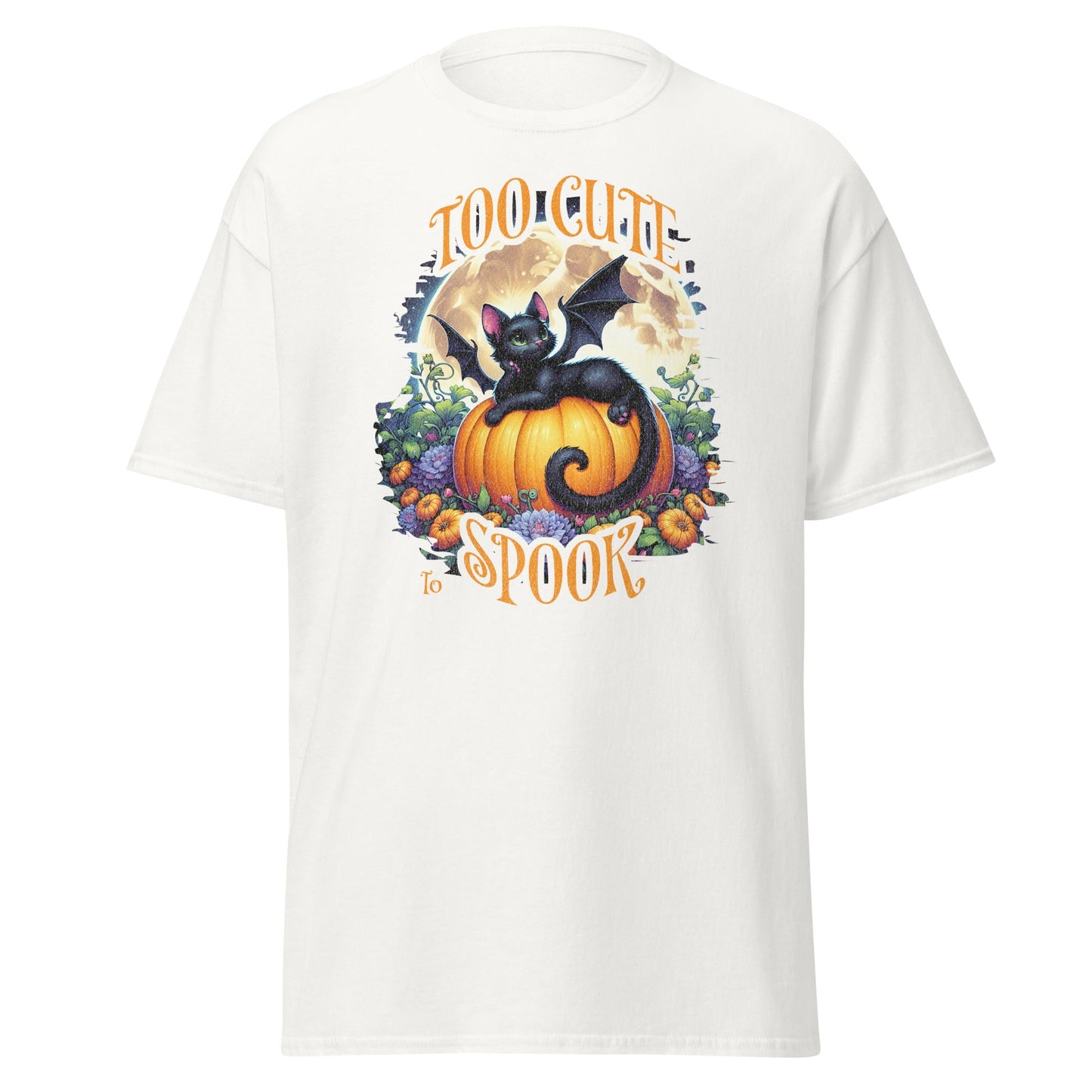 Cute Halloween black cat pumpkin design on purple unisex Gildan 5000 tee by VectorDesignsArizona