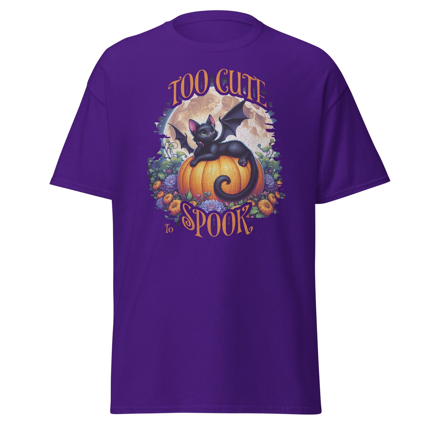 Cute black cat pumpkin Halloween t-shirt on maroon Gildan 5000 unisex tee by VectorDesignsArizona