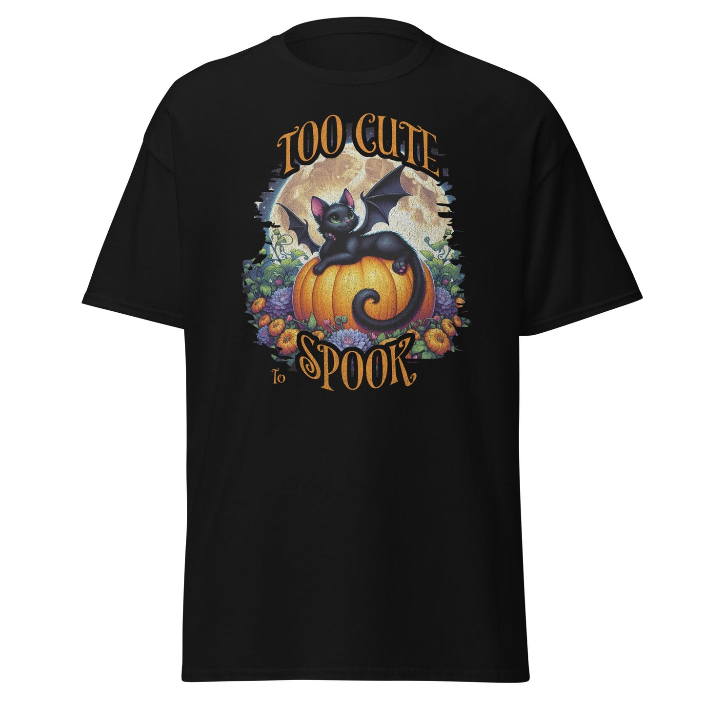 Funny Halloween cat and pumpkin design on white unisex Gildan 5000 shirt by VectorDesignsArizona