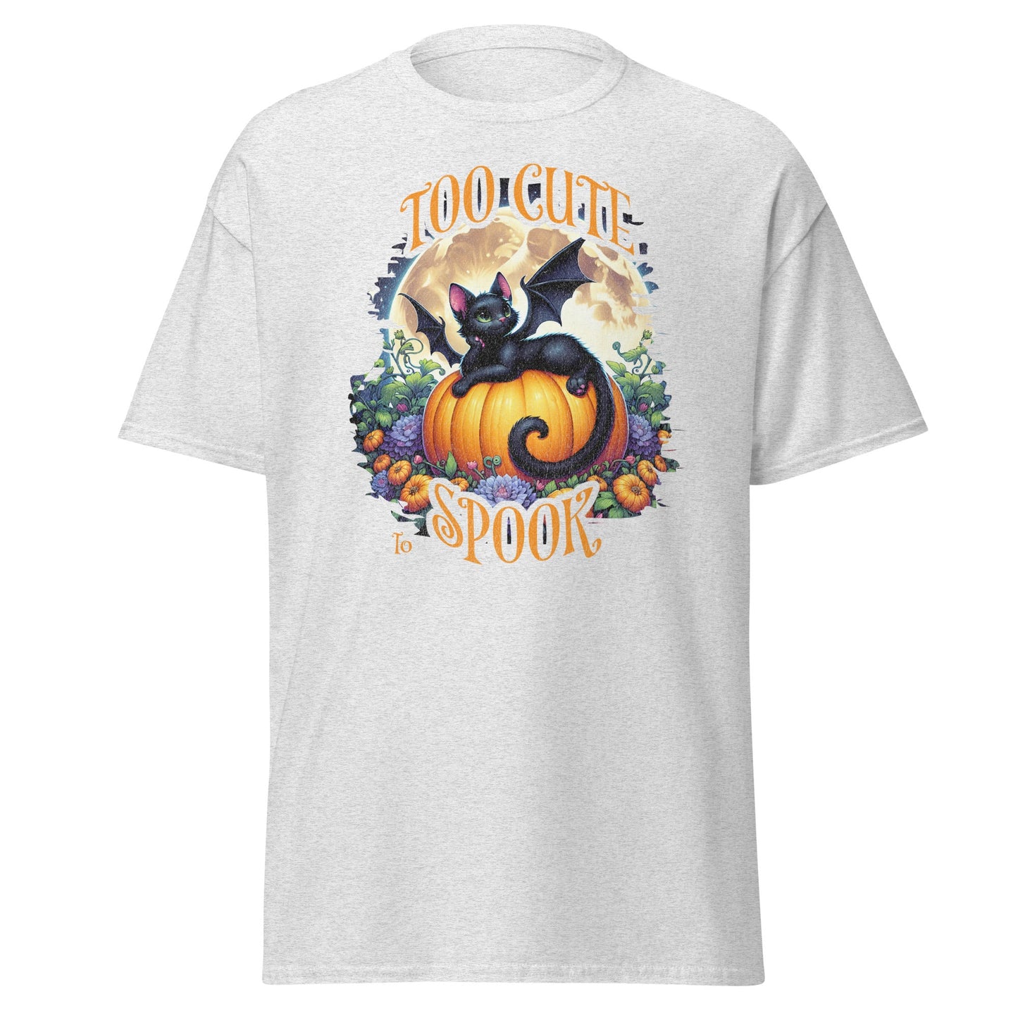 Too Cute To Spook graphic tee on dark heather gray Gildan 5000 shirt by VectorDesignsArizona