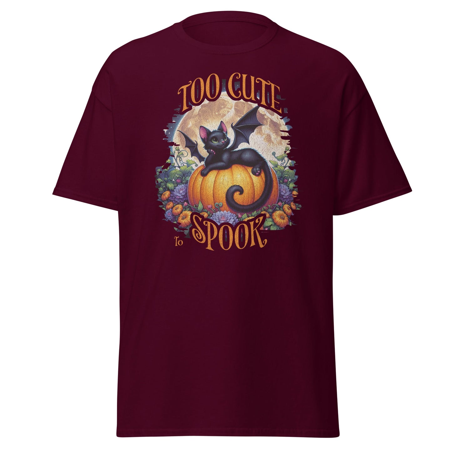 Cute spooky season graphic tee with bat-wing black cat sitting on pumpkin, black shirt by VectorDesignsArizona