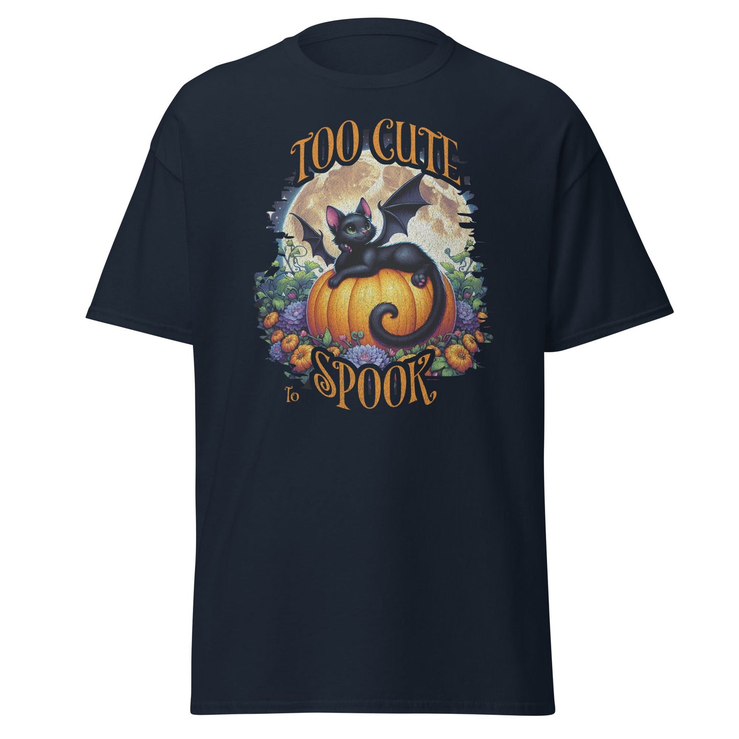 Too Cute To Spook fall graphic t-shirt in black with cat, pumpkin, and floral artwork by VectorDesignsArizona